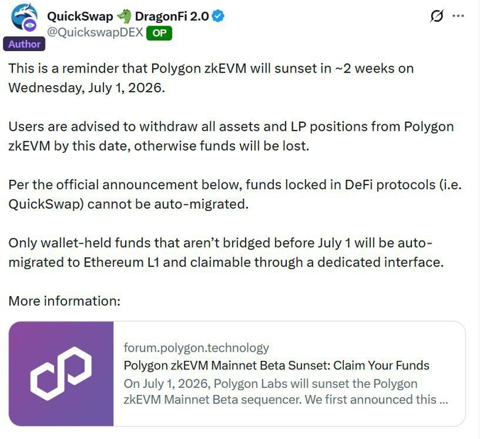 The image features a screenshot of an advertisement or post, likely promoting Polygon zkEVM Mainnet beta with its Ethereum blockchain. This can be seen as part of a larger social media platform, like Facebook, where people share various types of content including advertisements and posts related to different topics. The image includes some text that might provide details about the post or advertisement, but without more context it is difficult to determine the exact content or message displayed in the image.