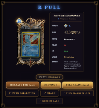 The image shows an item listed as "R PULL" under "MEWL". There's also another item described as "KINDED Gold Star Holo RBR". Additionally, there are other cards available that players can choose from or purchase. The user of this site seems to be interested in these cards and is ready for a game session with the newly pulled card.