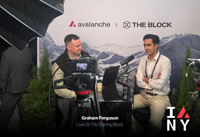 Interview setup branded with 'AVALANCHE x THE BLOCK' logos, showing Graham Ferguson conducting a 'Live On The Starting Block' interview at an NY event.