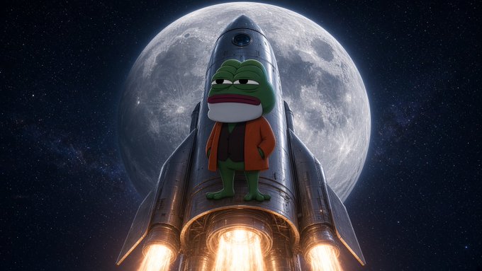 A digital illustration of a green Pepe the Frog character in a brown jacket atop a launching rocket with fiery engines, set against a massive moon and starry night sky.