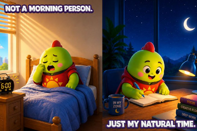 A split illustration of a green cartoon character showing "NOT A MORNING PERSON" yawning in bed at 6:00 AM versus "JUST MY NATURAL TIME" reading at night with a mug that says "IN MY ZONE" and books labeled "CREATIVE ROUTINES" and "DEEP WORK".