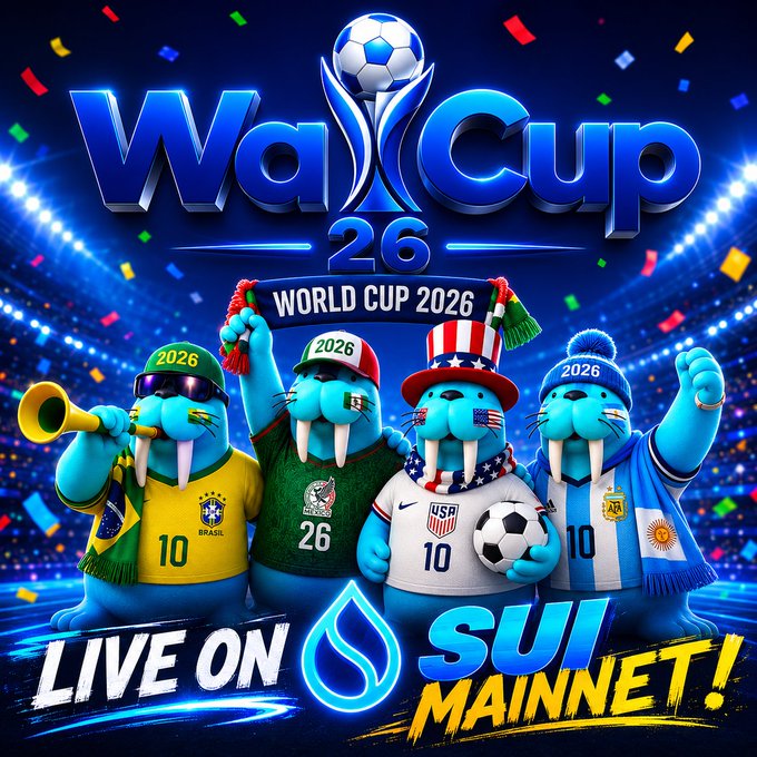 The image features a group of four cartoon penguins wearing soccer jerseys standing next to each other against a blue background with white text that reads "Live on @SuiNetwork Mainnet! Come participate in the World Cup FIFA game predictions, collect the countries stickers! See the standings of the teams and their opponents in real time. Cast your prediction correctly !" The penguins are holding soccer balls, suggesting they are participating in a soccer-themed event or game.