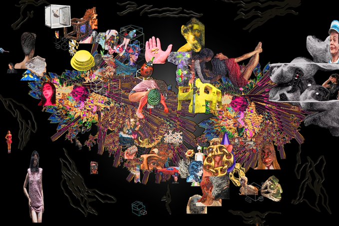 A chaotic digital collage bursts with surreal imagery including floating heads, a yellow animal, geometric shapes, and various figures against a black background.