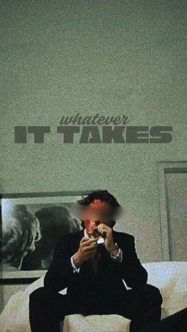 A man in a suit sits on a chair with his face blurred, with the text 'whatever IT TAKES' displayed on the wall behind him in a grainy, vintage-style filter.