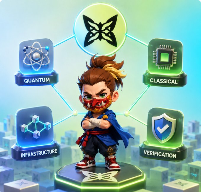 A digital illustration of a stylized warrior character wearing a red face mask, surrounded by four floating platforms labeled 'QUANTUM', 'CLASSICAL', 'INFRASTRUCTURE', and 'VERIFICATION', all connected to a central butterfly logo.