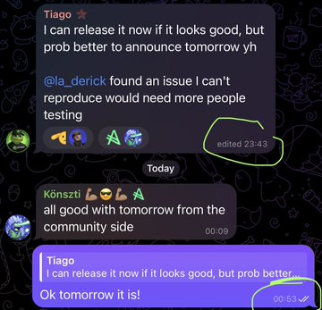 A screenshot of a Discord conversation discussing a software release timeline, with 'Tiago' and 'Könsztl' debating whether to announce tomorrow.