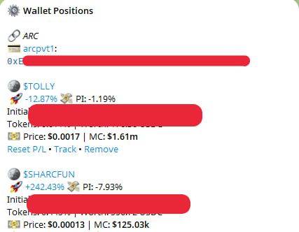 A 'Wallet Positions' interface showing cryptocurrency entries including $TOLLY and $SHARCFUN with price and market cap details, though some text is redacted.
