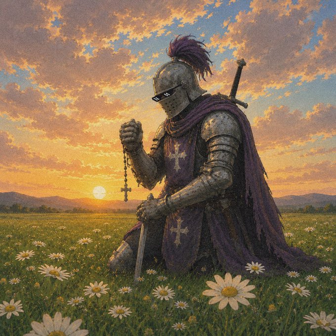 A knight in armor with a purple plume and cape kneels in a field of daisies at sunset, holding a rosary with a cross and the hilt of a sword, with pixelated sunglasses added over the helmet's visor.