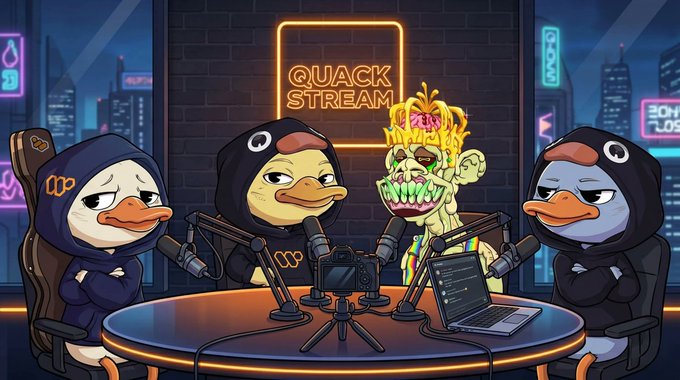 urns of gold and blue are displayed on a brick wall, with a neon sign reading "Quack Stream" above them.
