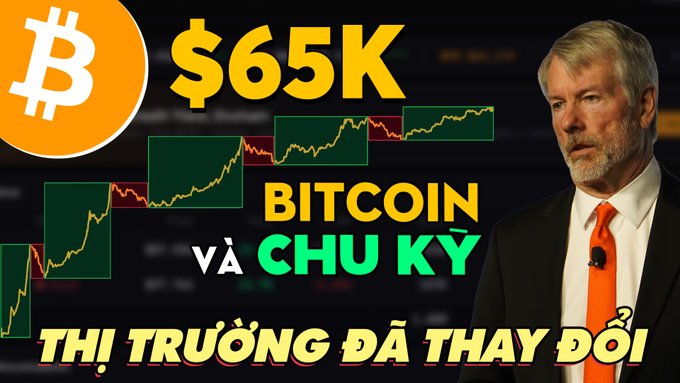 A Bitcoin YouTube thumbnail featuring the Bitcoin logo, "$65K" text, and the Vietnamese phrases "Bitcoin Và Chu Kỳ" (Bitcoin and the Cycle) and "Thị Trường Đã Thay Đổi" (The Market Has Changed), alongside a man in a suit, promoting content about how the BTC/crypto/stock market has changed despite investment mindsets remaining the same.