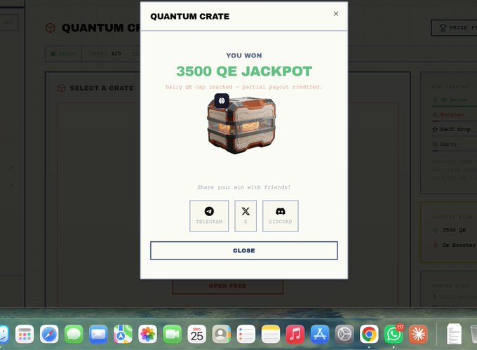 The image shows a computer screen displaying an online gaming platform called Quantum Crate, which has a game that allows players to win 350 QE jackpot prizes by completing various tasks or challenges within the game. The user interface features a chat window where they can communicate with friends and fellow gamers about their progress in the game.