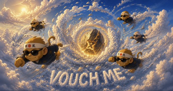 The image is a stylized, inverted "fish-eye" panoramic view of a monkey wearing sunglasses and a white headband with red Japanese characters, surrounded by clones of itself flying through a sky of clouds and sun rays, with "VOUCH ME" spelled out in clouds at the bottom. This whimsical meme-like illustration visually represents the "GM everyone" and "VOUCH me!" call to action from the post, using monkey imagery (a popular meme symbol in crypto/Web3 culture) to encourage readers to vouch for the poster.