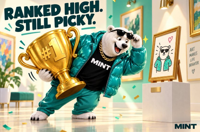 A vibrant advertising image featuring an anthropomorphic white bear wearing sunglasses, a gold chain, and a teal puffer jacket, holding a large gold '#1' trophy. The text reads 'RANKED HIGH. STILL PICKY.' with the 'MINT' logo in the corner.