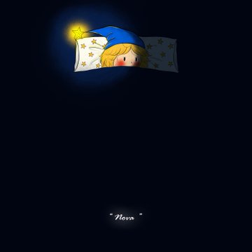 A small illustration of a blonde child sleeping in bed under a nightlight, with the word '*Hova*' written below.