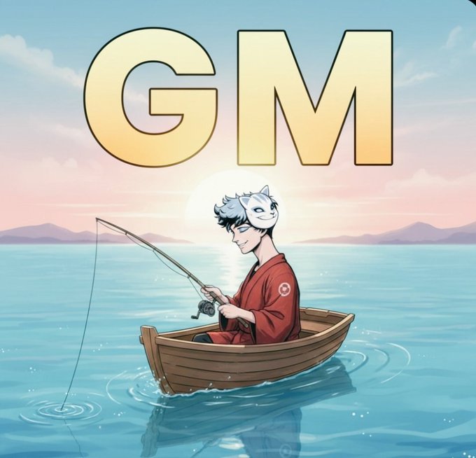 An illustration with "GM" in large yellow letters at the top, showing a character with gray hair wearing a fox mask and red kimono, fishing from a small boat on calm water at sunset.