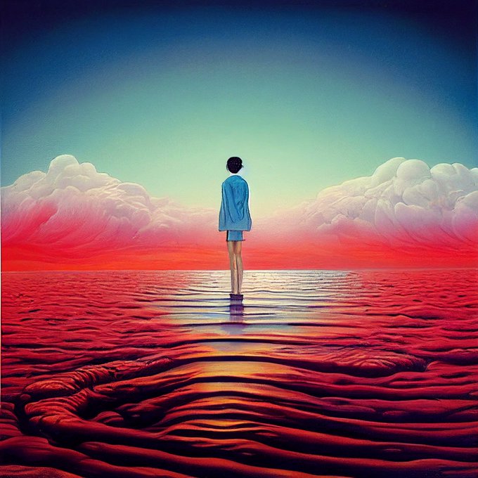 A surreal painting depicts a lone figure in a blue dress standing on a rippling, red, liquid-like surface, gazing toward a horizon of pink-tinged clouds under a teal sky.