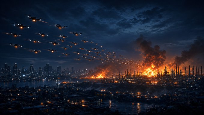 A swarm of glowing drones and missiles streaks across a dark sky above a city skyline, where a massive fireball and thick smoke erupt from an industrial complex and oil refinery, visually amplifying the social media post's claim of an unprecedented overnight drone barrage on Moscow and its ripple effects on energy markets and crypto.