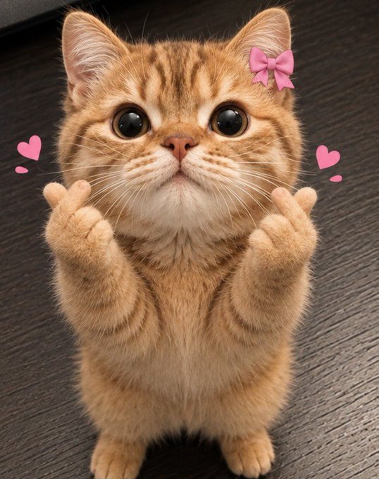 A stylized orange tabby kitten with large glossy eyes, a pink bow, and raised paws is surrounded by pink heart graphics.