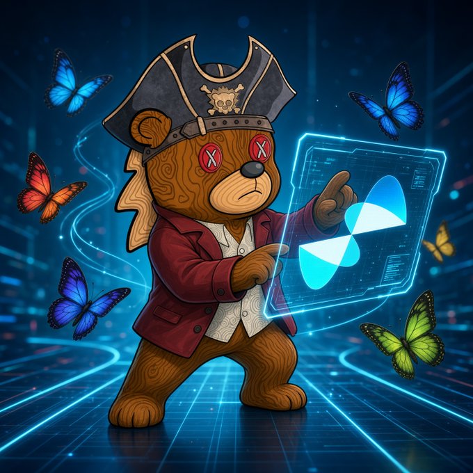 A cartoon bear dressed as a pirate with glowing "X X" eyes interacts with a holographic interface displaying the $QUIP token logo, surrounded by colorful butterflies against a digital grid backdrop. The image visually represents the post's theme of engaging with QuipSwap on Base, where the bear's pirate persona and futuristic tech aesthetic suggest navigating new crypto swap territory, while the butterflies symbolize the smooth, "calmer" wallet-to-wallet experience the author describes after parking value in their QuipNetwork account.