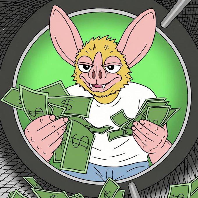 A cartoon character with a bat-like face and large pink ears grins while fanning out handfuls of green dollar bills, surrounded by more cash falling against a green background—symbolizing unexpected wealth that, as the post notes, "nobody believed" was possible.