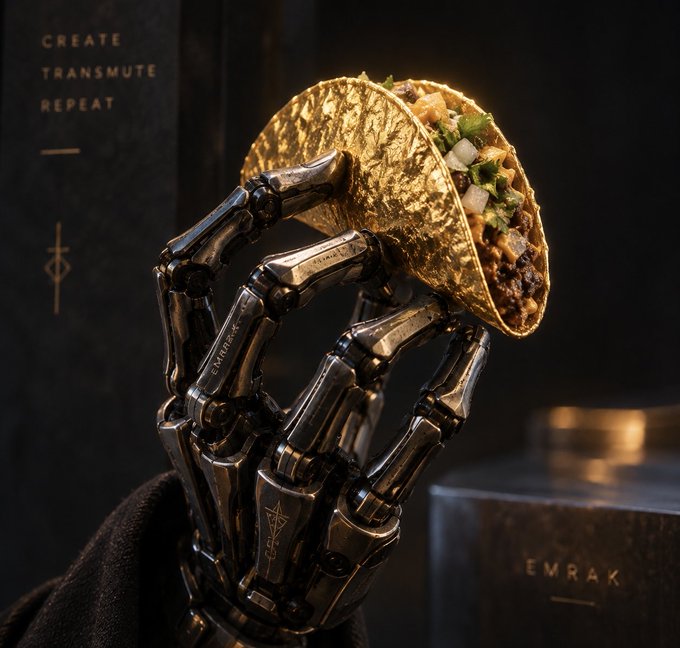 A robotic hand holds a gold-wrapped taco, positioned next to a box labeled "EMRAK" and text on the wall reading "CREATE TRANSMUTE REPEAT".