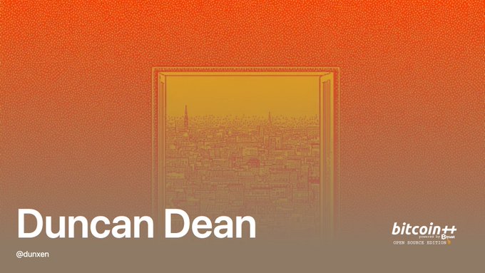 The image features an orange background with a yellow door that has the words "Duncan Dean" written above it, along with the text "btcoins" below it. The image also includes a small logo for the Bitcoin++ website.