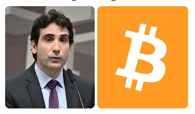 The image features a man in a dark suit and striped tie speaking into a microphone, paired with the orange Bitcoin logo on the right. The post references Brazil's Central Bank developing a real-time crypto threat detection system to combat cyberattacks, linking the official's likely connection to the central bank with the Bitcoin symbol representing the cryptocurrency ecosystem being protected.