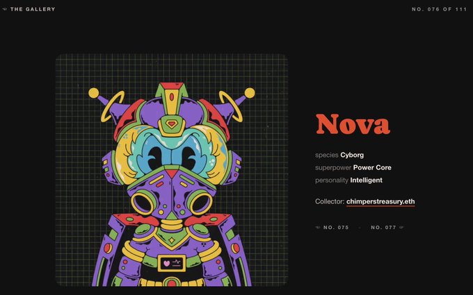 A character profile page from a digital gallery (No. 076 of 111) featuring a cyborg character named 'Nova' with details listing species as 'Cyborg', superpower as 'Power Core', and personality as 'Intelligent', collected by chimperstreasury.eth.