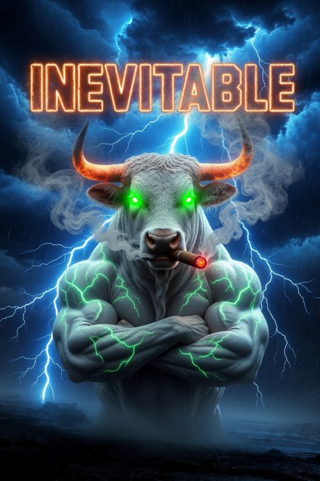 A muscular, glowing-eyed bull with a cigar stands arms-crossed amid lightning and stormy skies, beneath the bold neon text "INEVITABLE" — perfectly embodying the bullish "$LEVI" sentiment that the move is unstoppable.