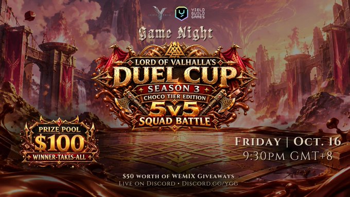 A promotional banner for 'Lord of Valhalla's Duel Cup Season 3: Choco Tier Edition' 5v5 squad battle on Oct 16 at 9:30PM GMT+8, with a $100 winner-takes-all prize pool.