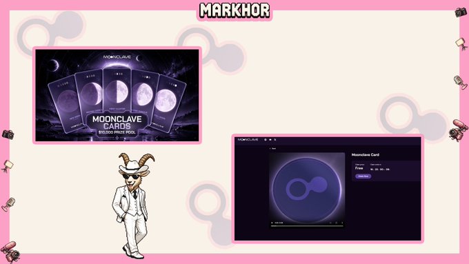 A promotional graphic for "MARKHOR" featuring "MOONCLAVE CARDS" blood moon tools, with images of the digital card collection and a cartoon figure wearing a horned mask.