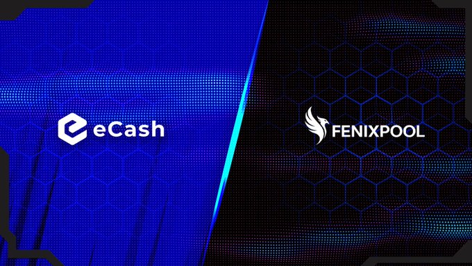 Promotional graphic announcing the eCash ($XEC) mining integration on Fenix Pool, featuring the eCash and FenixPool logos side-by-side on a dark blue hexagonal background.