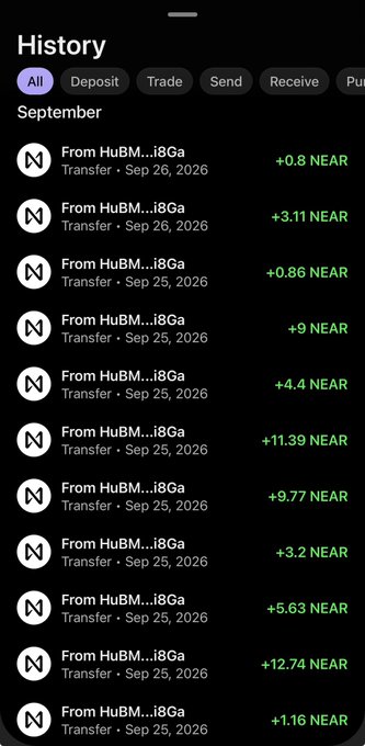 A mobile app history screen showing a series of NEAR cryptocurrency transfers in September 2026, with amounts like +0.8, +3.11, +0.86, +9, +4.4, +11.39, +9.77, +3.2, +5.63, +12.74, and +1.16 NEAR received from HuBM...i8Ga.