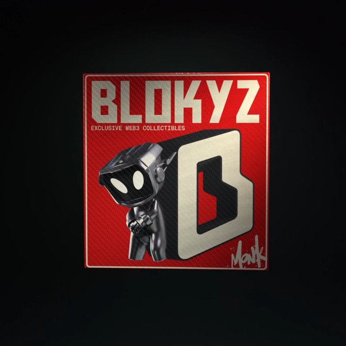 A promotional graphic for 'BLOKYZ EXCLUSIVE WEB3 COLLECTIBLES' featuring a 3D black robotic character next to a large stylized 'b' logo on a red textured background.