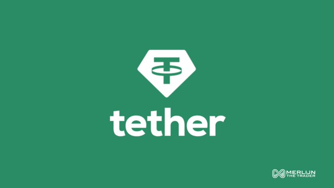 The image shows the Tether (USDT) logo—a stylized "T" within a diamond shape—displayed on a green background, with the word "tether" beneath it. A watermark for "Merlion The Trader" appears in the bottom right corner. The graphic accompanies a post discussing Tether's shrinking reserves, noting that the $6.814 billion buffer cited in headlines has dropped to $4.11 billion by June 30, 2026, despite KPMG's recent audit.