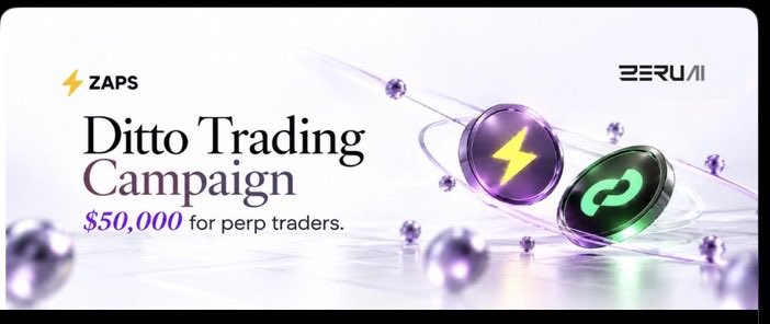 A promotional banner for the 'Ditto Trading Campaign' on the ZAPS and ZEREW// platforms, offering '$50,000 for perp traders' with a 3D graphic of coins.
