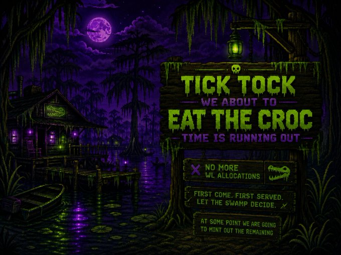 A spooky pixel-art swamp scene at night features a glowing purple moon, a haunted cabin, and a wooden sign reading "TICK TOCK — WE ABOUT TO — EAT THE CROC — TIME IS RUNNING OUT," along with bullet points declaring "NO MORE WL ALLOCATIONS," "FIRST COME, FIRST SERVED. LET THE SWAMP DECIDE," and "AT SOME POINT WE ARE GOING TO MINT OUT THE REMAINING."