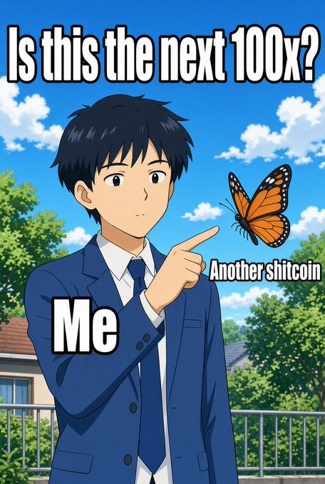 Anime-style meme showing a man in a blue suit pointing at a butterfly with text 'Is this the next 100x?' above him labeled 'Me' and the butterfly labeled 'Another shitcoin'.