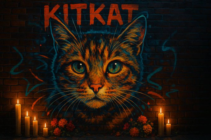 A mural of an orange tabby cat's face painted on a brick wall, surrounded by lit candles and red flowers at its feet, featuring the stylized text "KITKAT" in red graffiti lettering above.
