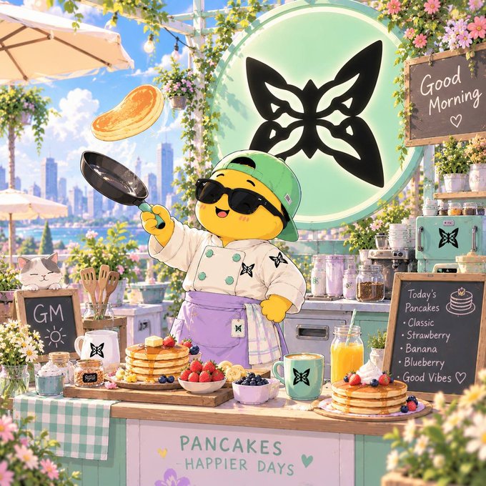 A vibrant digital illustration of a cute yellow character wearing sunglasses and a chef's outfit, flipping a pancake at a brunch stand with signs reading 'Good Morning' and 'Today's Pancakes: Classic, Strawberry, Banana, Blueberry, Good Vibes.'