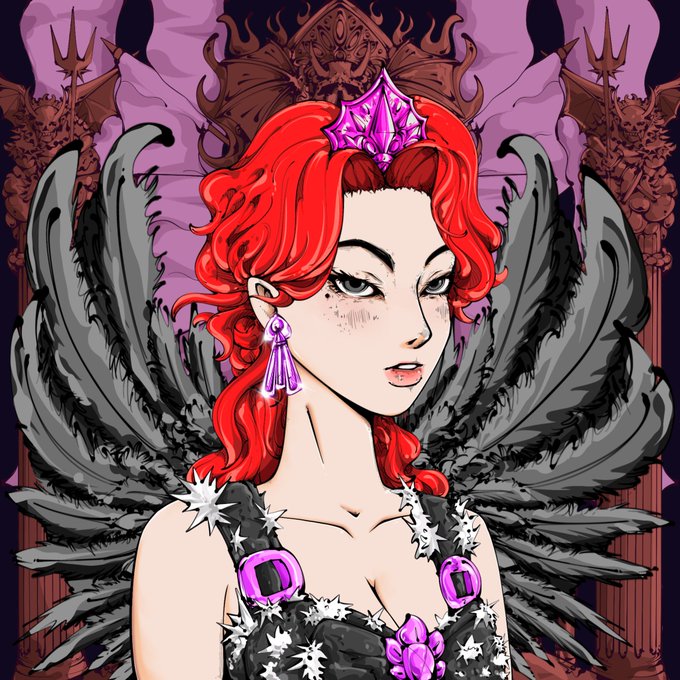 An anime/manga-style illustration of a character with red hair, a purple gemstone crown, purple earrings, black feathered wings, and a spiked black outfit with purple gemstones, set against a dark gothic background.