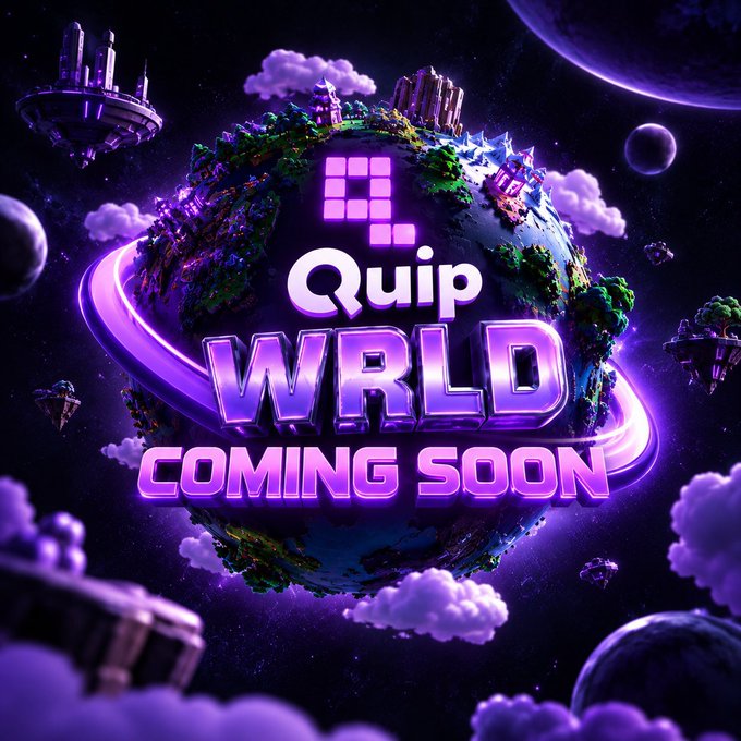 A cosmic-themed promotional graphic for "Quip WRLD" with a "COMING SOON" tagline, featuring a fantasy planet surrounded by floating islands, clouds, and celestial bodies in purple hues. The image visually represents the highly anticipated virtual gaming world mentioned in the post, complete with a logo and pixelated icon signaling its upcoming beta launch.