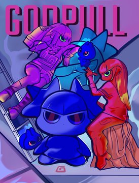 A vibrant NFT artwork featuring four colorful cartoonish characters in pink, blue, red, and dark blue tones, with the bold "GODPULL" text displayed at the top, promoting the upcoming ETH-based NFT project by @TheGodPull and @betty_nft.