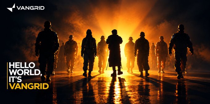 A promotional graphic for "VANGRID" features silhouetted figures walking toward a bright orange light, with the text "HELLO WORLD, IT'S VANGRID" displayed in the corner.