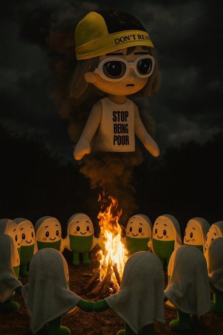 A 3D-rendered cartoon figure wearing a yellow cap reading "DON'T READ" and a shirt labeled "STOP BEING POOR" floats as a ghost above a campfire, surrounded by a circle of smiling ghost-like characters. The image illustrates the post's theme of missed gains, depicting the haunting regret of traders who sold $Cupsey too early before its rise to a billion-dollar market cap, now reliving their cautionary tale around the fire.