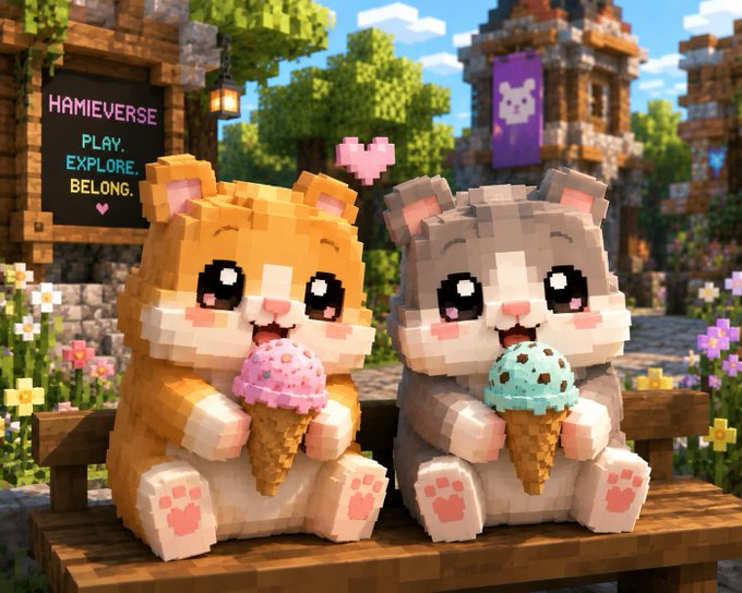 The image features two hamster sculptures sitting side by side on a wooden bench, each holding an ice cream cone with different flavors - one has pink and white colors while the other has blue and green colors. The hamsters are positioned such that they appear to be enjoying their treats together in front of a sign that reads "@hamieverse".
