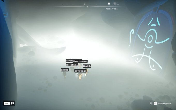 A screenshot from a video game showing player names like 'Cryptic', 'Directive_', 'Clutch', 'gt dog', and 'JayVegas' in a foggy environment with a stylized drawing on the right.