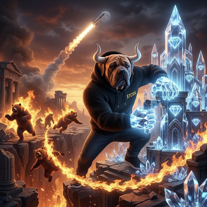 A muscular bull-like figure wearing a hoodie labeled "STOSA" clutches glowing diamond crystals while a rocket launches overhead, as bears flee from flames and crumbling pillars below—symbolizing the bullish rise of $TOSA memecoin amid the fall of rivals.
