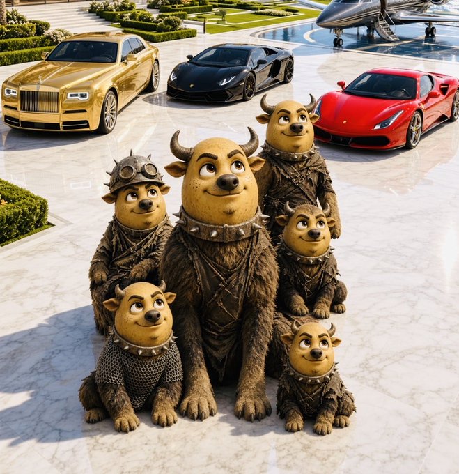 A group of furry, horned creatures pose together in front of luxury cars including a gold Rolls-Royce and red Ferrari in what appears to be a CGI-rendered scene.