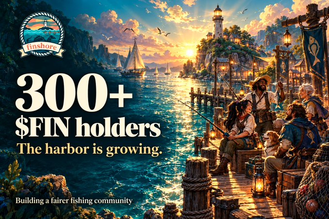 A promotional graphic for 'finshore' featuring an illustrated coastal village at sunset, announcing '300+ $FIN holders' and stating 'The harbor is growing' with the tagline 'Building a fairer fishing community'.